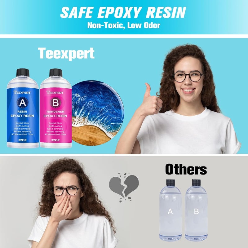 Teexpert Epoxy Resin Crystal Clear: 64OZ Epoxy Resin kit Fast Curing Heat Resistant for Casting Coating Art DIY Craft Jewelry Wood Table Top Flower Preservation- 2 Part(32OZ Resin and 32OZ Hardener) - Image 2